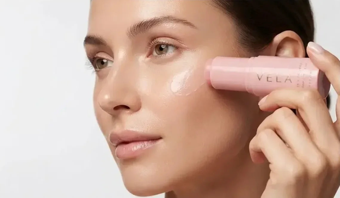 Swiping the VELA balm stick across the cheek